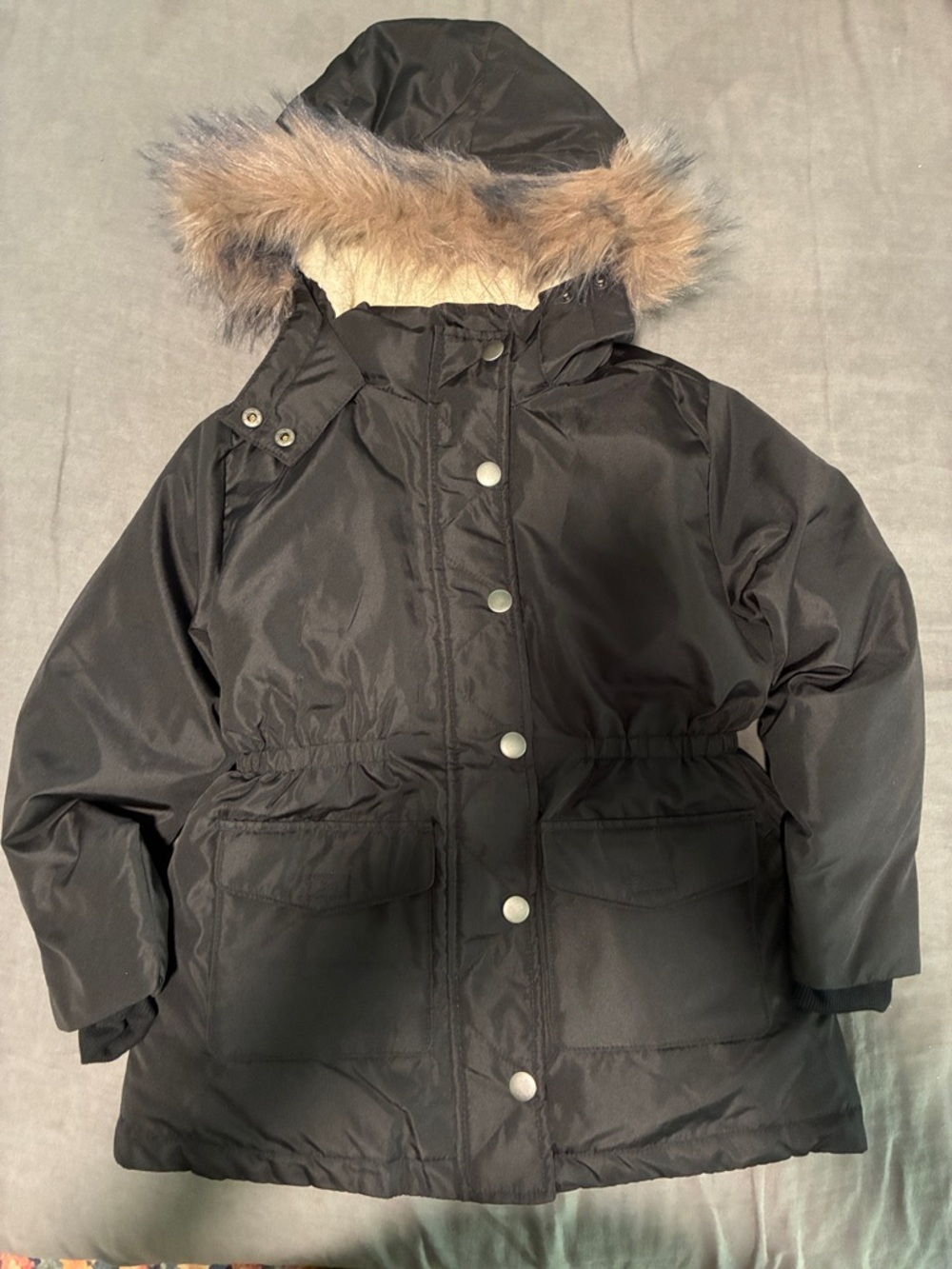 Old Navy Black Hooded Puffer Coat with Sherpa lining & Faux Fur Trim